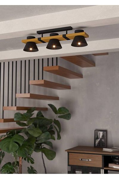 Eglo 43955 Indoor " Maccles " Black, Brown Color Steel, Wooden Ceiling Lamp Ip20 E27 Max: 3X15
