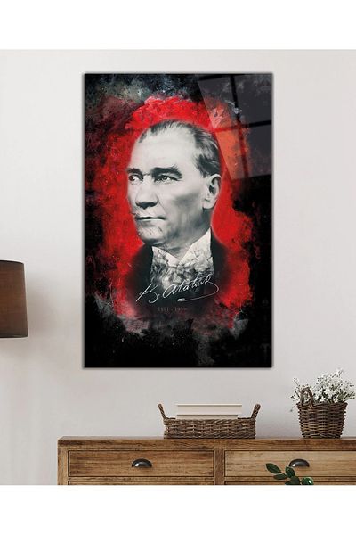 Rosyvien Signed Mustafa Kemal Atatürk Portrait Glass Painting, Design, Home Office School Wall Decoration, Gift