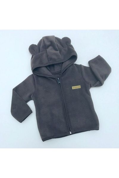 Aydodo Teddy Bear Patterned Zippered Hooded Fleece Cardigan