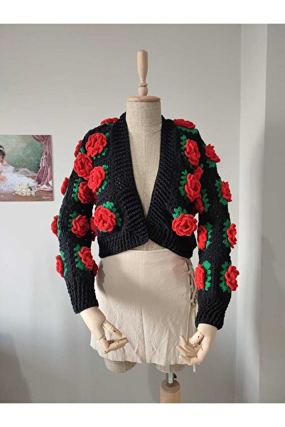 Moda Mora El Örgüsü Gül Detaylı Kadın Hırka