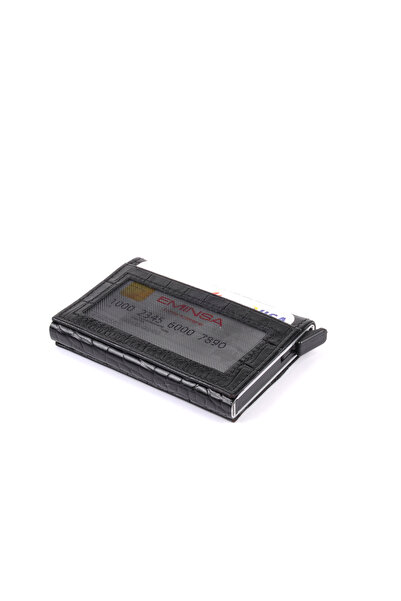Eminsa Black Crocodile Leather Mechanical Card Holder