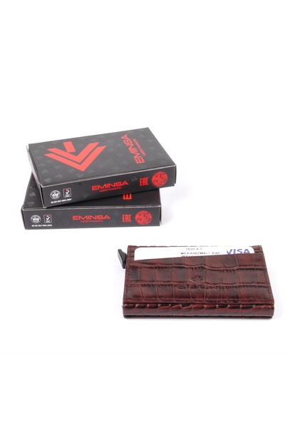 Eminsa Brown Crocodile Leather Mechanismed Card Holder