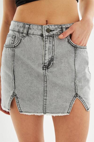 EXPLODE - Kadın Pileli Yırtmaçlı Yüksek Bel Mini Kot Etek Antrasit