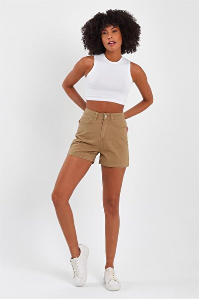 EXPLODE - Kadın Mini Slim Denim Şort Camel