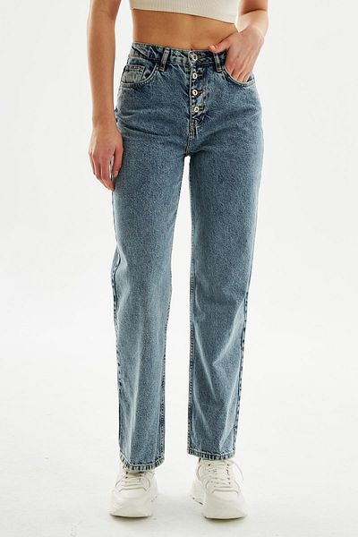 EXPLODE - Women's Buttoned Front High Waist Wideleg Jeans Light Blue