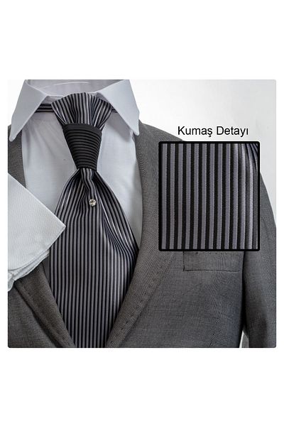 Exve Exclusive Striped Groom Suit & Luxury Tuxedo Stone Tie Gray for Special Nights