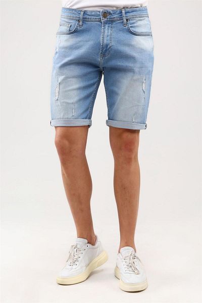 EXPLODE - Men's Frayed Slim Fit Lycra Light Blue Denim Jean Shorts