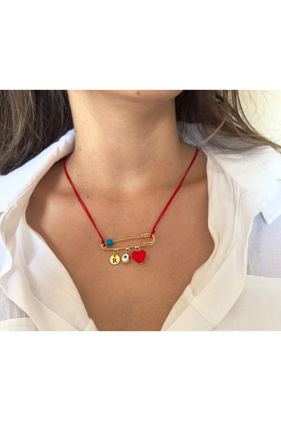 Atelier Çağla Glass Red Heart Evil Eye Beaded Necklace with Scottish Needle Letter
