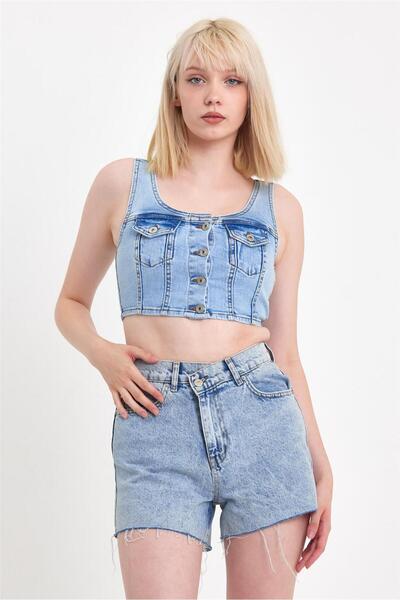EXPLODE - Kadın Önü Düğmeli Cep Detaylı Askılı Denim Crop Açık Mavi