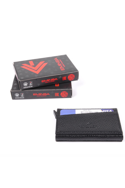 Eminsa Black Plain Leather Mechanical Card Holder
