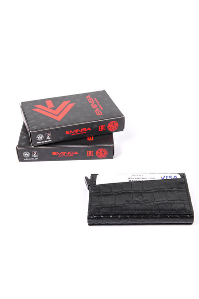 Eminsa Black Crocodile Leather Mechanical Card Holder