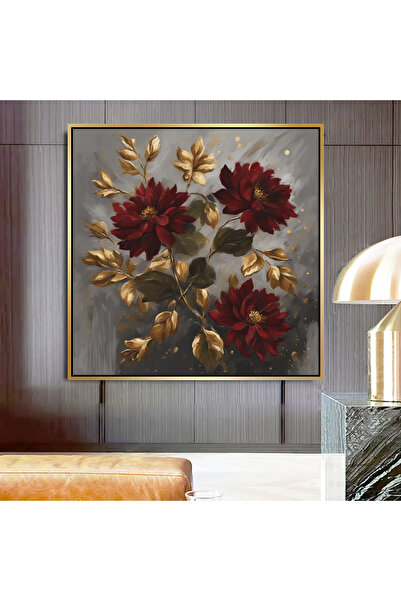 Markazip Bordo Karanfil Altın Metal Çerçeveli Kanvas Tablo 90x90cm Kod: Lh100-k