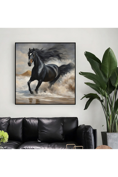 Markazip Siyah Metal Çerçeveli Koşan Siyah At Kanvas Tablo 90x90cm Kod: Lh102-k