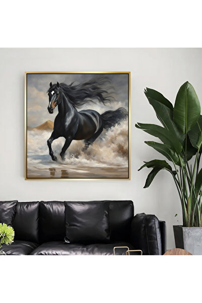 Markazip Altın Metal Çerçeveli Koşan Siyah At Kanvas Tablo 90x90cm Kod: Lh102-k