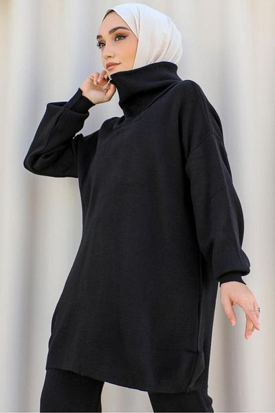 benguen 11017-10 Collar Zipper Detailed Knitwear Suit Black
