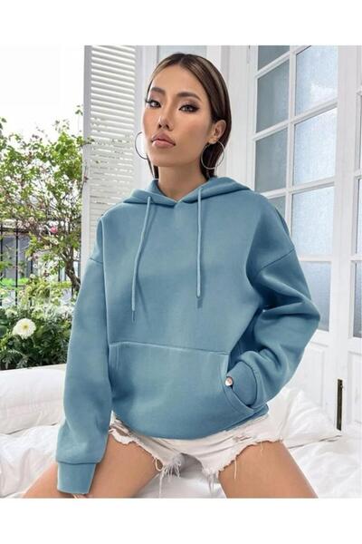 Combineman35 Kadın Petrol Love Yourself Baskılı Kapüşonlu Sweatshirt