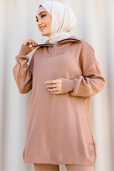 benguen 11017-10 Collar Zipper Detailed Knitwear Suit Mink