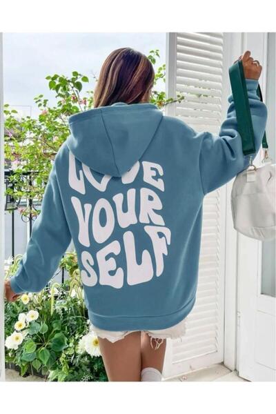Combineman35 Kadın Petrol Love Yourself Baskılı Kapüşonlu Sweatshirt