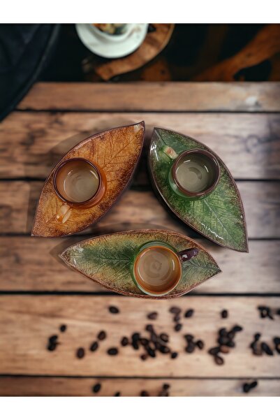 Artistic Quality طقم فناجين شاي وقهوة مزخرف بأوراق الجوز باللونين الأخضر والب...