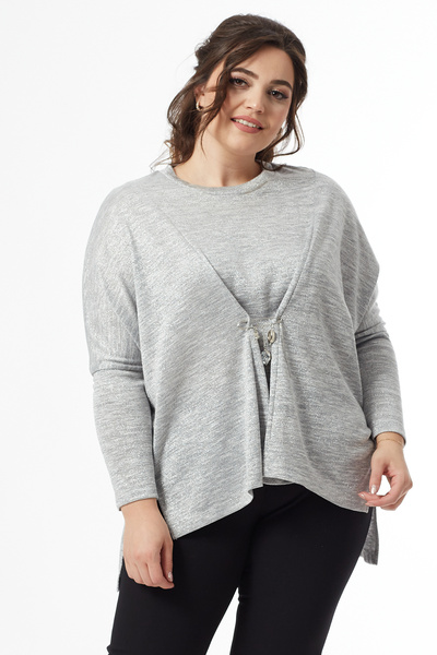 Moda Alba СІРИЙ ЖІНОЧИЙ КОЖУХ З КРИЛАМИ, ПЕРЕДНЯ ЧАСТИНА З БІГУНКОВИМИ АКСЕСУАРАМИ, ВЕЛИКИЙ РОЗМІР, ТРИКОТАЖНА БЛУЗКА