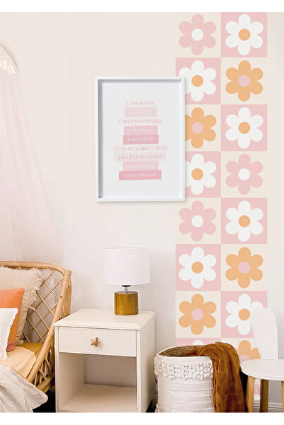 WALLHUMAN Bohem Kare - Pembe Turuncu Papatya Duvar Stickerı