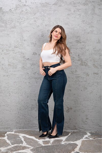 HaiModa Kadın Kot Pantolon Büyük Beden Bol Paça Yırtmaçlı