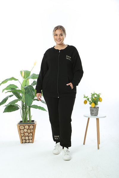 XL Modam Women's Large Size 3 Thread Raised Black Cardigan Trousers Set