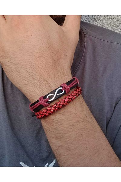 BSN Store Infinity Figured Burgundy Black 2-Piece Handmade Genuine Leather Bracelet