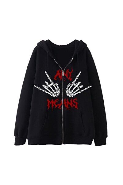 Tarzsokak Karanlık Gotik El Kemik Baskılı Fermuarlı Hoodie 14536