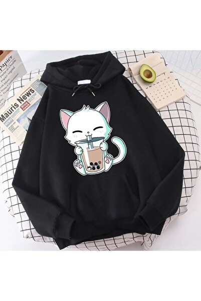 Tarzsokak Hanorace cu glugă Animals Boba Tea Cute Cat Hooded 15109 Negru