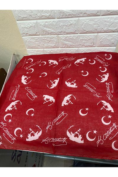 sema aksesuar Red Crescent and Ataturk Silhouette Signed Cotton Fabric Scarf - 23 April, 29 October, 19 May
