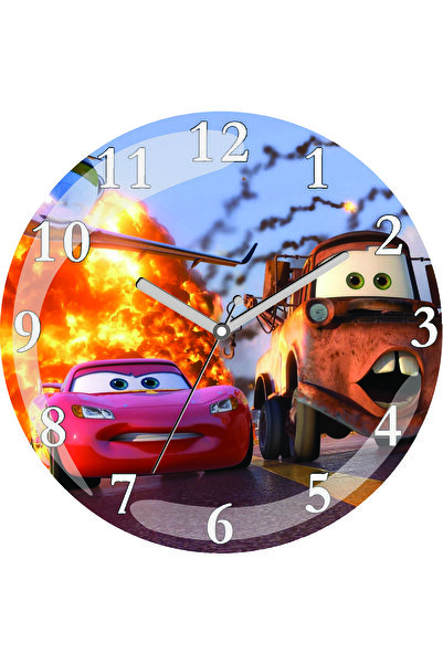 ART HEDİYE Şimşek Mcqueen Arabalar Çocuk Odasına Çap 30cm Sessiz Akar Bombeli Gerçek Cam Duvar Saati