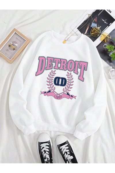 PALPİTO Hanorac oversize cu imprimeu alb Detroit Mountain pentru femei