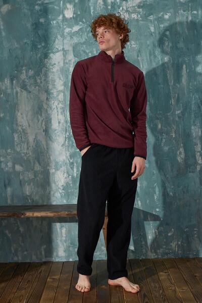 Pijamaevi Claret Red GiveUP Ανδρικό Σετ Πιτζάμες Μακρυμάνικο Φλις Μισό Φερμουάρ