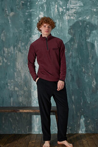 Pijamaevi Claret Red GiveUP Ανδρικό Σετ Πιτζάμες Μακρυμάνικο Φλις Μισό Φερμουάρ