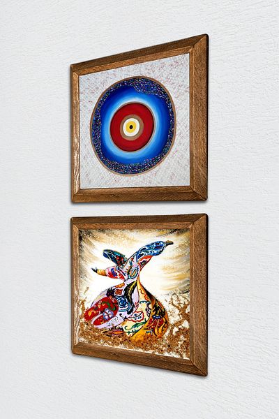 Pinecone Evil Eye, Whirling Dervish Stone Wall Painting with Wooden Frame Wall Decor 2 Piece Painting Set Wall Art -W2-635-