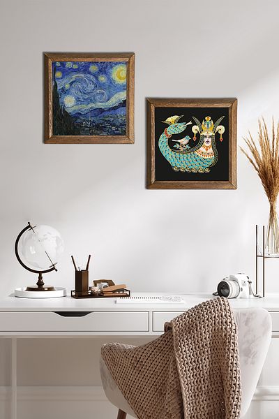 Pinecone Noaptea înstelată Van Gogh, pictură pe perete cu piatră Shahmeran, decor de perete cu rame din lemn, set de 2 picturi -W2-236-