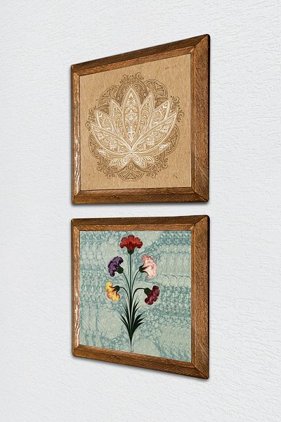 Pinecone Marbling Art, Lotus Flower Stone Wall Painting with Wooden Frame Wall Decor 2 Piece Painting Set -W2-504-