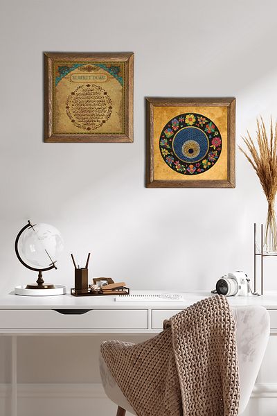 Pinecone Fertility Prayer, Evil Eye Stone Wall Painting Wooden Framed Wall Decor 2 Piece Painting Set -W2-402-