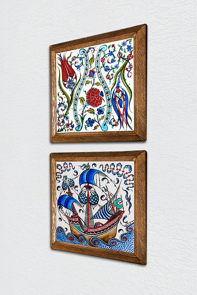 Pinecone Navă cu pânze Tile Art, pictură murală din piatră de lalele, decor de perete cu rame din lemn, set de 2 picturi -W2-506-