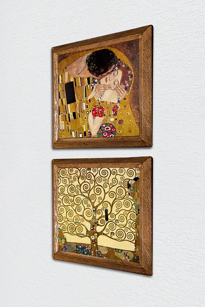 Pinecone Gustav Klimt the Kiss, Tree of Life Stone Wall Painting Wooden Framed Wall Decor Set of 2 Painting -W2-343-