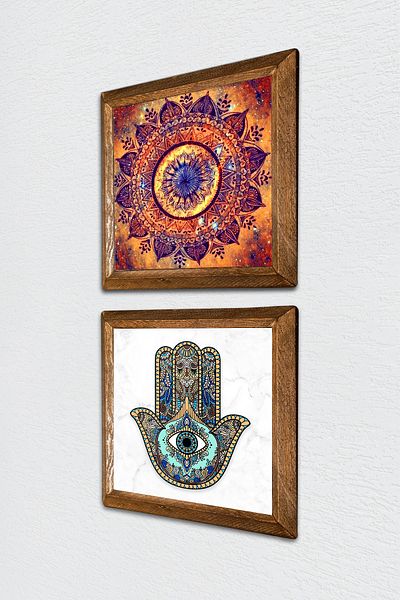 Pinecone Mandala, Mother Hand of Fatma (Hamsa) Stone Wall Painting Wooden Framed Wall Decor 2 Piece Painting -W2-56-
