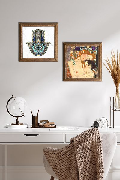 Pinecone Gustav Klimt Mother Child, Fatma Mother Hand (Hamsa) Stone Wall Painting Framed Wall Decor -W2-16-
