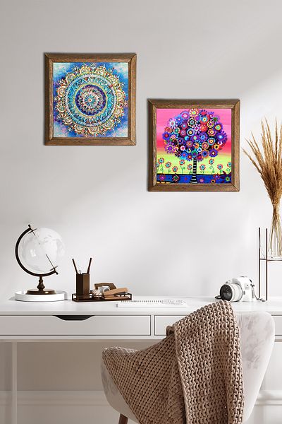 Pinecone Mandala, Arborele Vieții Pictură pe perete din piatră Decor de perete cu rame din lemn Set de pictură 2 piese -W2-659-