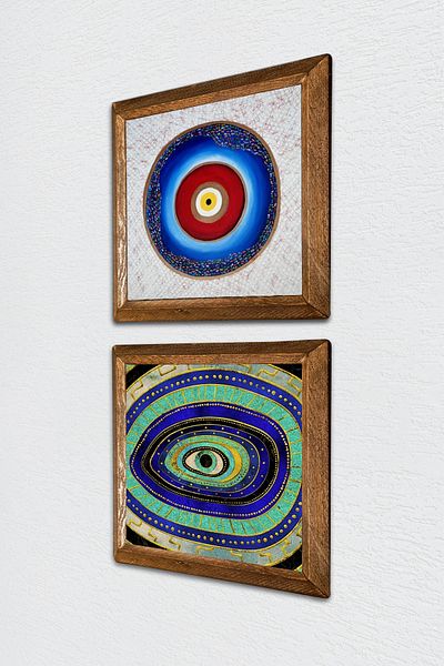 Pinecone Evil Eye Stone Wall Painting Wooden Framed Wall Decor 2 Piece Painting Set Wall Art -W2-565-