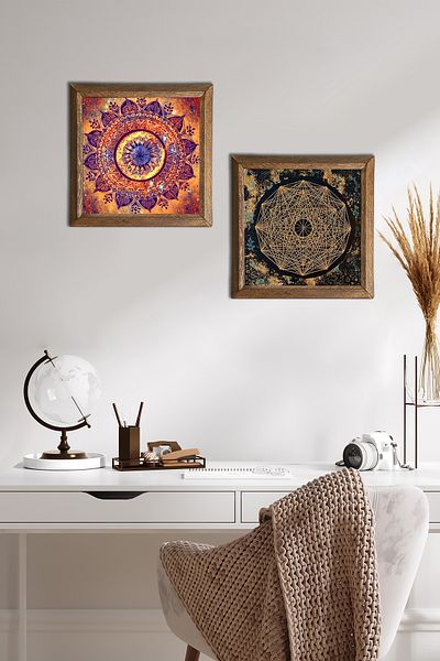 Pinecone Mandala, Sri Yantra Pictură pe perete din piatră Decor de perete cu rame din lemn Set de 2 picturi Wall Art -W2-556-