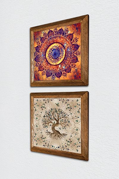 Pinecone Mandala, Tree of Life Stone Wall Painting Wood Framed Wall Decor 2 Piece Painting Set -W2-219-