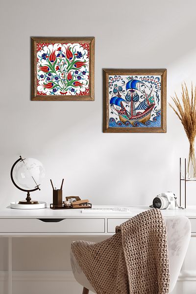 Pinecone Tile Art Sailing Ship, Tulip Stone Wall Painting Wood Framed Wall Decor 2 Piece Painting -W2-507-