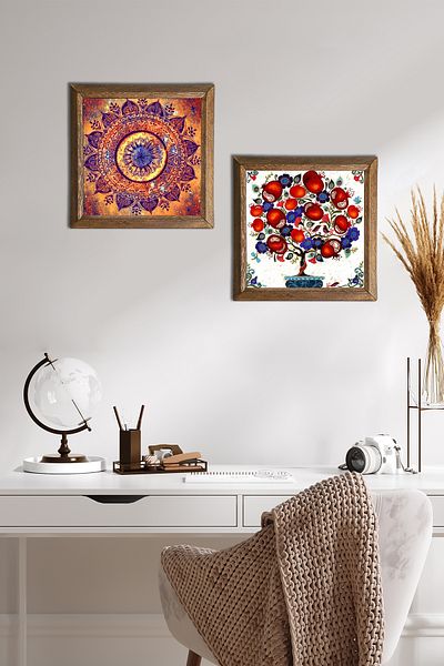 Pinecone Mandala, Pomegranate Tree Stone Wall Painting Wooden Framed Wall Decor Set of 2 Painting Wall Art -W2-181-
