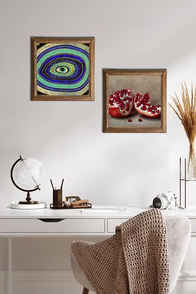 Pinecone Evil Eye, Pomegranate Stone Wall Painting with Wooden Frame Wall Decor 2 Piece Painting Set Wall Art -W2-758-